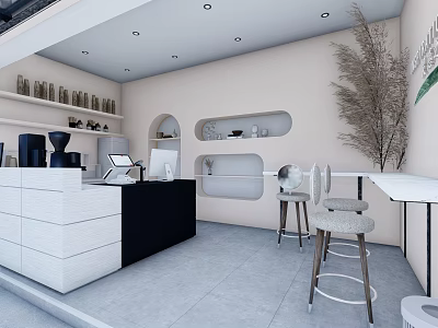 Modern Bubble Tea Shop Interior With White Counter Bar Stools And Decorative Plant 3d model