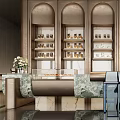 Elegant Modern Sales Office Interior Design With Marble Counter And Display Shelves