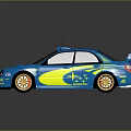 Subaru Rally Racing Car In Blue With Yellow Accents And Golden Wheels