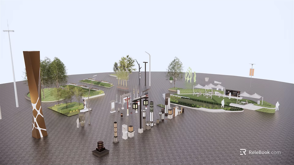 Urban Road Infrastructure With Modern Street Lamps Green Belts And Decorative Paving 3d model 