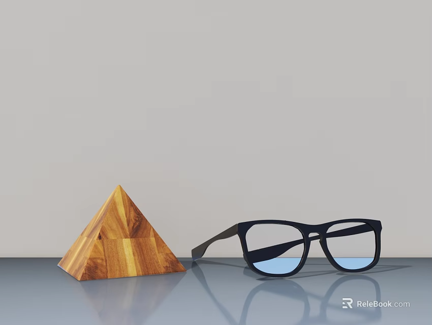 Jewelry Display With Wooden Pyramid Stand And Black Glasses On Gray Surface 3d model 