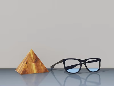 Jewelry Display With Wooden Pyramid Stand And Black Glasses On Gray Surface 3d model