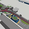 Colorful Curved Scenic Bridge With Red Path And People Walking In Urban Area