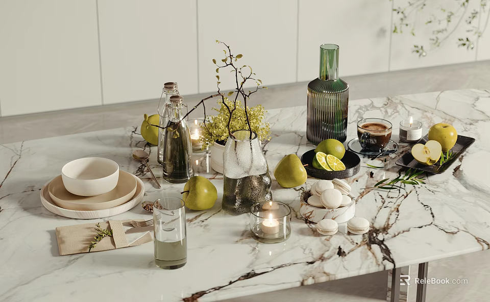 Fresh Limes Pears And Lemons On Marble Tabletop With Decorative Candles Vases And Tableware 3d model 