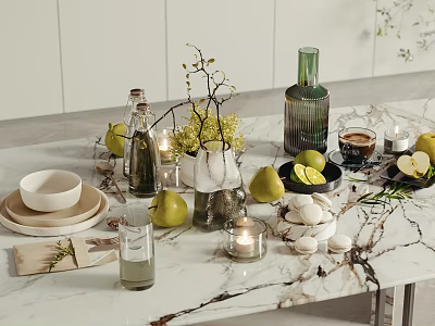 Fresh Limes Pears And Lemons On Marble Tabletop With Decorative Candles Vases And Tableware 3d model