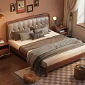 Cozy Bedroom Double Bed With Upholstered Headboard Wooden Frame Nightstands Table Lamps And Decorative Paintings