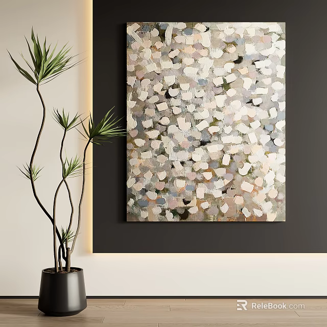 Modern Abstract Painting Decor On Dark Wall With Green Plant And Neutral Tones 3d model 