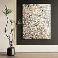 Modern Abstract Painting Decor On Dark Wall With Green Plant And Neutral Tones