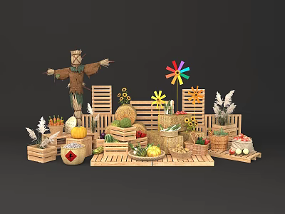 Farm Fresh Produce Stacked Display With Scarecrow Pinwheel Pumpkins Vegetables And Wooden Crates 3d model
