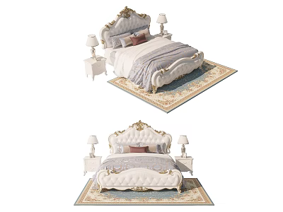 Luxurious Double Bed With Carved Headboard Bedside Tables And Area Rug 3d model