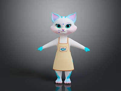 Cute White Cat With Green Eyes Blue Ears And Paws Wearing Yellow Apron With Logo 3d model