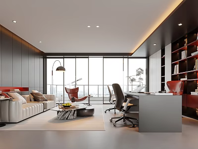 Modern Office Interior With Large Windows Sofa Area Desk Red Chairs And Bookshelves 3d model