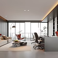 Modern Office Interior With Large Windows Sofa Area Desk Red Chairs And Bookshelves