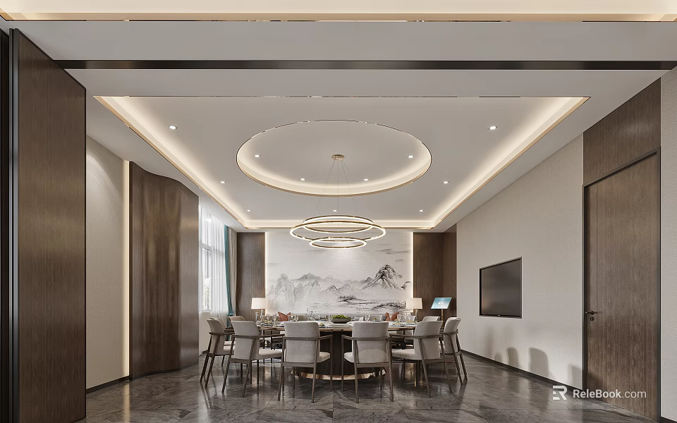 Luxurious Private Dining Box Interior With Round Table And Art Decor 3d model