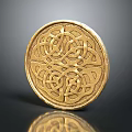 Intricate Golden Circular Jewelry Piece With Celtic Knot Pattern On Black Surface And Reflection 3d model