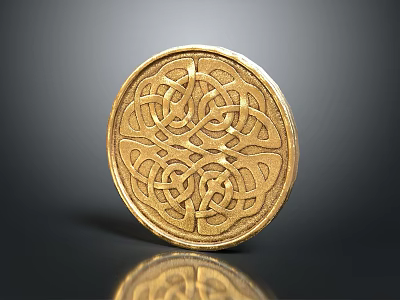Intricate Golden Circular Jewelry Piece With Celtic Knot Pattern On Black Surface And Reflection 3d model