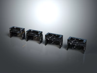 Four Modern Minimalist Black Marble Square Tables With Metal Legs Arranged In A Row 3d model