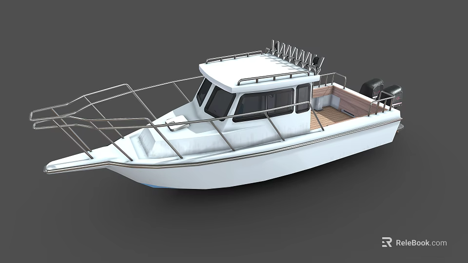 White Motor Boat With Metal Railings Wooden Deck And Cabin Design 3d model 