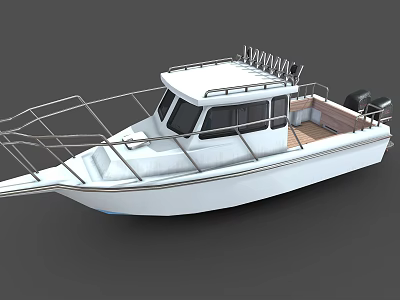 White Motor Boat With Metal Railings Wooden Deck And Cabin Design 3d model
