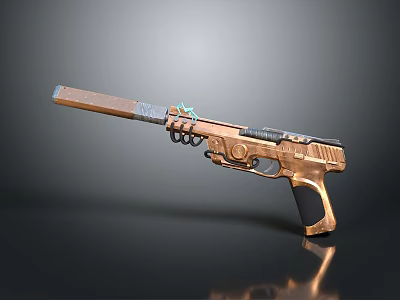 Copper And Black Modern Tactical Pistol With Barrel Grip Trigger On Dark Reflective Surface 3d model