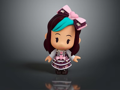 Cute Cartoon Game Movie Character With Brown Hair Teal Streak And Pink Bow 3d model