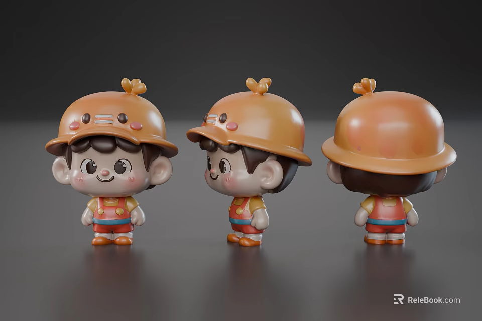 Three Cute Cartoon Character Dolls Wearing Orange Hats Displayed From Different Angles 3d model