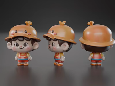 Three Cute Cartoon Character Dolls Wearing Orange Hats Displayed From Different Angles 3d model