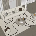 Modern White Sofa And Round Coffee Table Set With Decorative Pillows On Abstract Rug 3d model