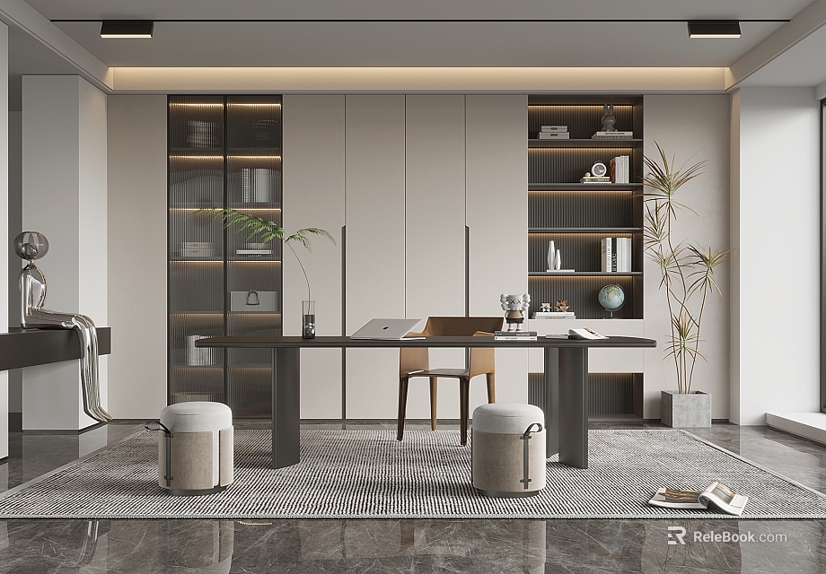 Modern Sleek Study Room Interior Design With Writing Desk Bookshelves And Green Plants 3d model 