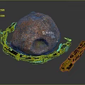 Large Red Natural Stone And Wood Components With Yellow Industrial Machinery