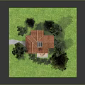 Small House with Red Roof Beige Walls Circular Patio and Green Grass Yard with Trees