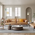 Beige Living Room Interior With Arched Doorway Brick Bookshelf Brown Sofa And Yellow Cushions