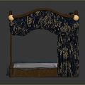 Elegant Double Bed With Dark Blue Gold Patterned Canopy Purple Frame And Pink Pillows