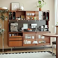 Wooden Kitchen Sideboard with Coffee Machine Mugs Fruit Bowl and Glass Door Cabinets