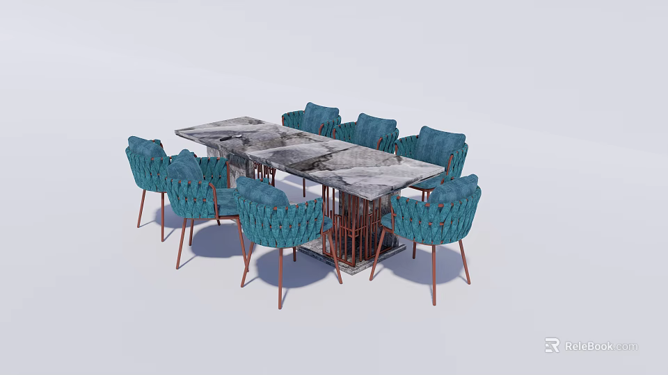Modern Dining Table Set With Marble Tabletop And Blue Woven Metal Leg Chairs 3d model 