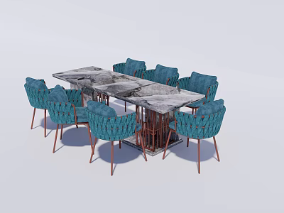Modern Dining Table Set With Marble Tabletop And Blue Woven Metal Leg Chairs 3d model