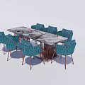 Modern Dining Table Set With Marble Tabletop And Blue Woven Metal Leg Chairs