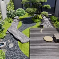 Serene Courtyard Garden With Wooden Deck Green Plants Stone Path And Decorative Stones