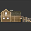 Traditional Wooden Log House Structure With Sloped Roof Wooden Stairs And Veranda Platform