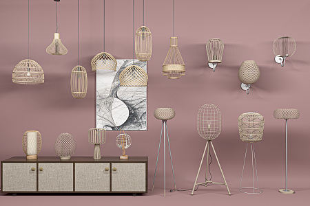 New Chinese-style Lamps Combination Rattan Art Lamps 3d model