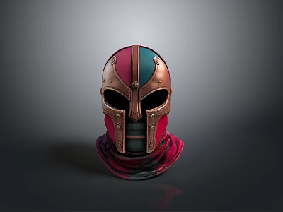 Ancient Fantasy Warrior Helmet With Copper Red Blue Metallic Face Mask And Red Scarf 3d model