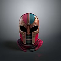 Ancient Fantasy Warrior Helmet With Copper Red Blue Metallic Face Mask And Red Scarf