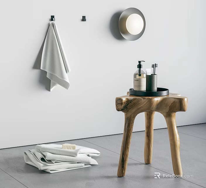 Stylish Bathroom Accessories With White Towel Round Mirror Wooden Stool Black Tray And Bath Products 3d model 