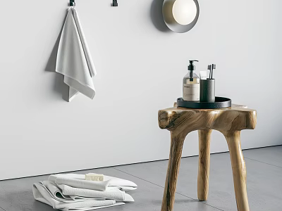 Stylish Bathroom Accessories With White Towel Round Mirror Wooden Stool Black Tray And Bath Products 3d model