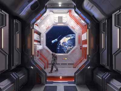 Astronaut in Space Capsule Looking at Earth and Space 3d model