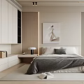 Modern Elegant Bedroom Interior With Large Bed Gray Blanket Pillows Wall Art And Table Lamp