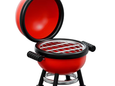 Red Portable Grill with Open Lid Round Cooking Grid and Black Handles Stand 3d model
