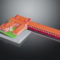 Detailed Architectural Model of Building With Orange Roof Red Walls and Courtyard