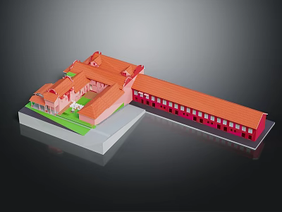 Detailed Architectural Model of Building With Orange Roof Red Walls and Courtyard 3d model