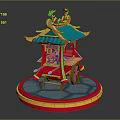Traditional Chinese Decorative Vendor Cart With Green Roof Golden Ornaments Red Body And Circular Base